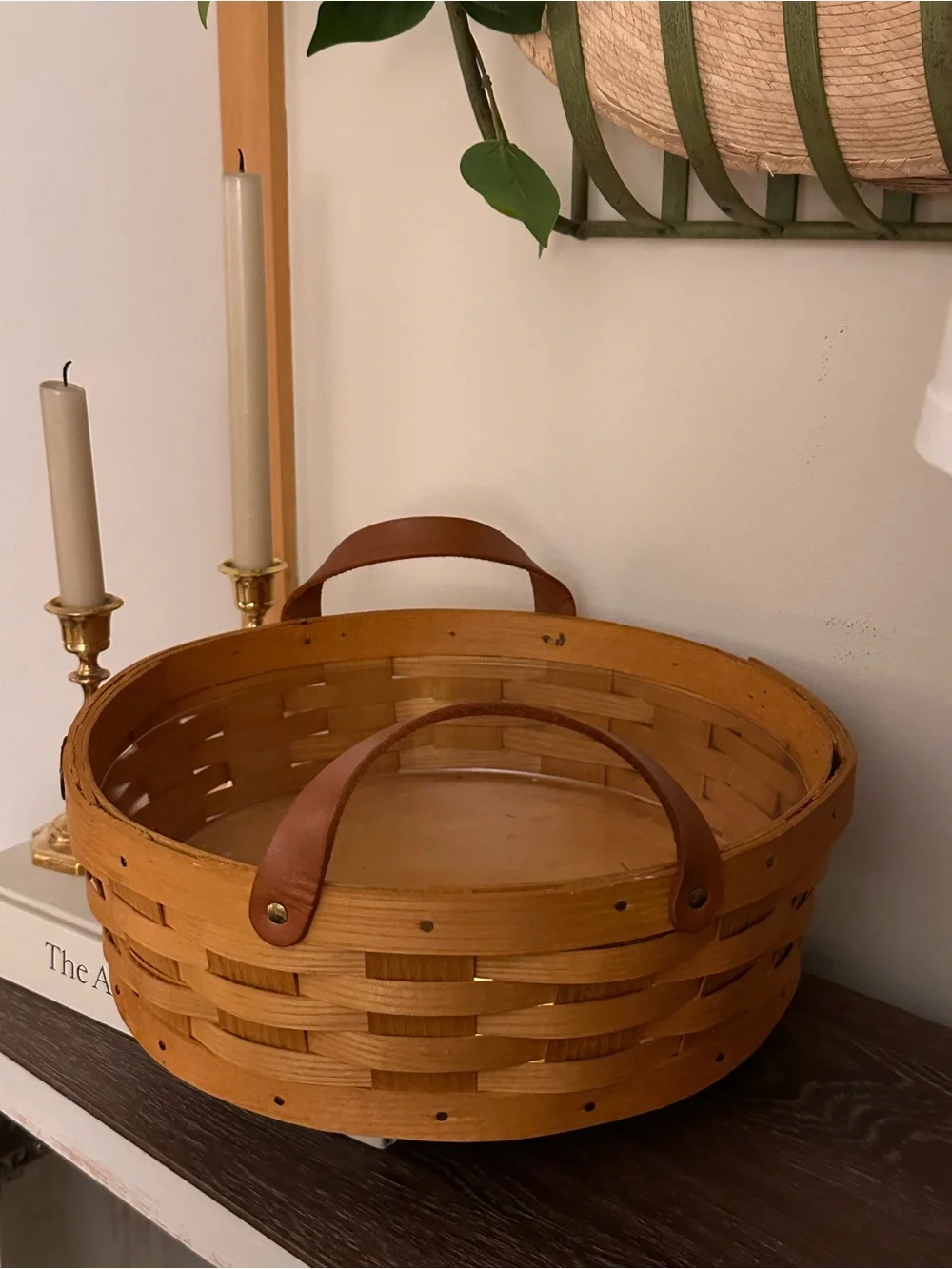 Vintage Peterboro Basket Co Round Woven Wood Basket Leather Handles USA